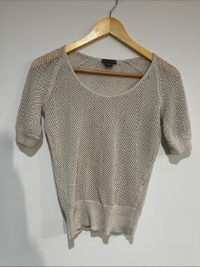 Armani Exchange Open-Knit Scoop Neck Short Sleeve Sweater in Light Beige